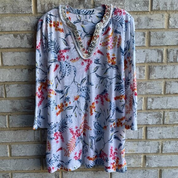 Chico's 3/4 Sleeve Embellished V-Neck 100% Linen Tunic Blouse Women's Size 2 (L) - Picture 1 of 8